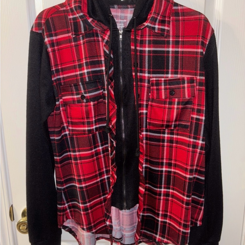No Boundaries Red And Black Plaid Hooded Zip Up Long Sleeve Shirt Size XL